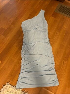 One-Shoulder Light Blue Ruched Bodycon Dress